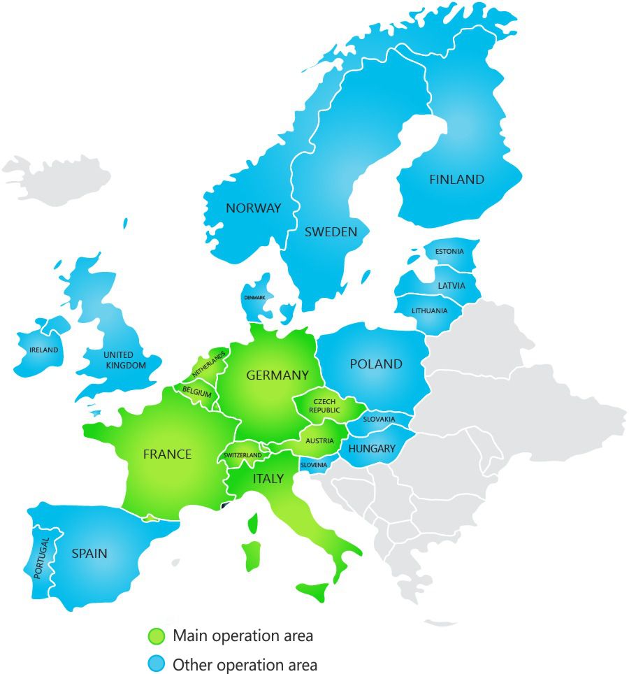 Bus Service Europe operations map showing coverage across 6 countries