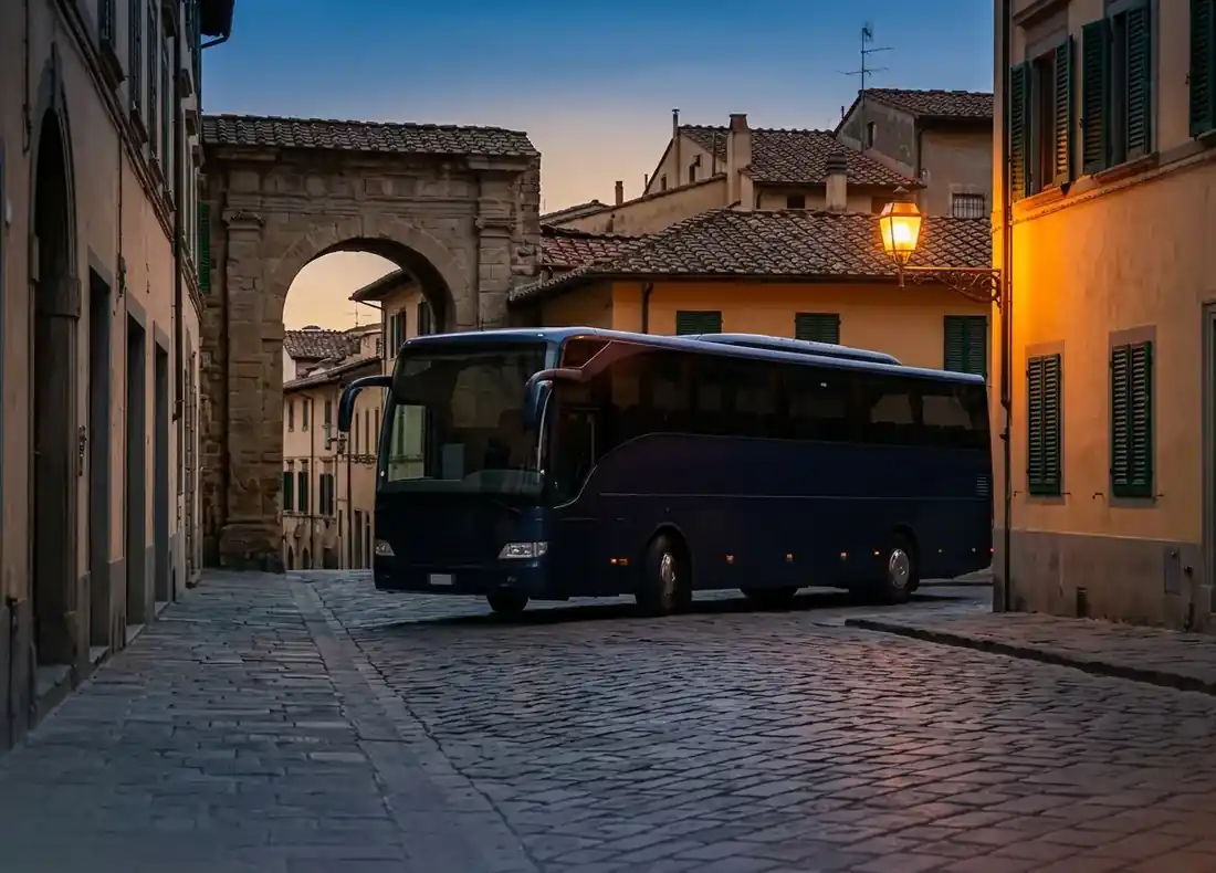 European coach navigating historic city street
